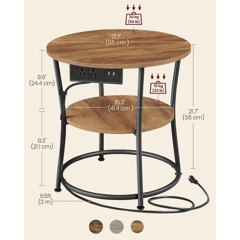 Metal Wood Round Side Table with USB Ports and 2 Tier Storage - 21.7"D x 21.7"W x 21.7"H