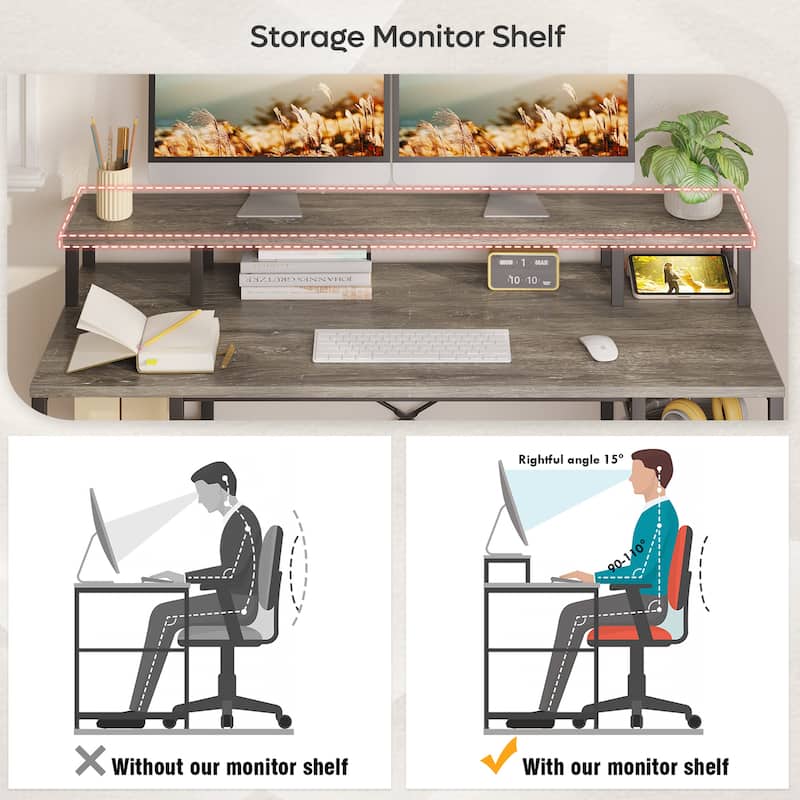 55 Inch Dual Monitor Computer Desk with Adjustable Shelves