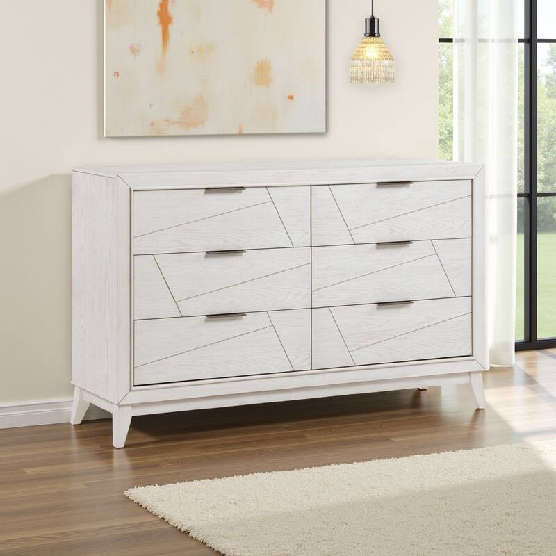 Zine 62 Inch Dresser, 6 Drawers, Antique White Wood, Black Handles
