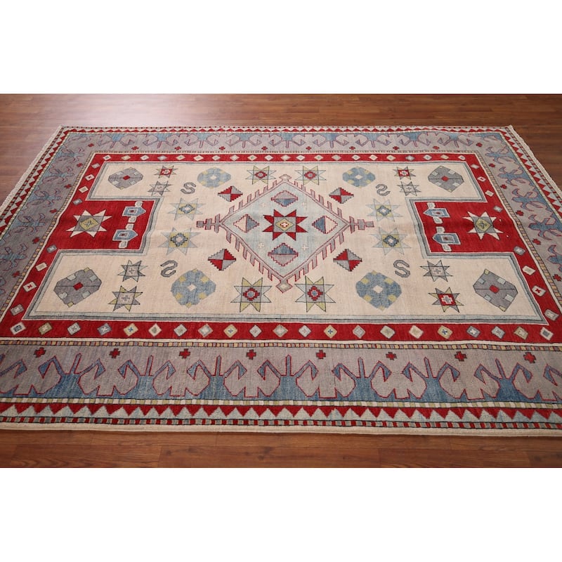 Geometric Kazak Rug Hand-Knotted Dining Room Wool Carpet - 6'0" x 8'2"