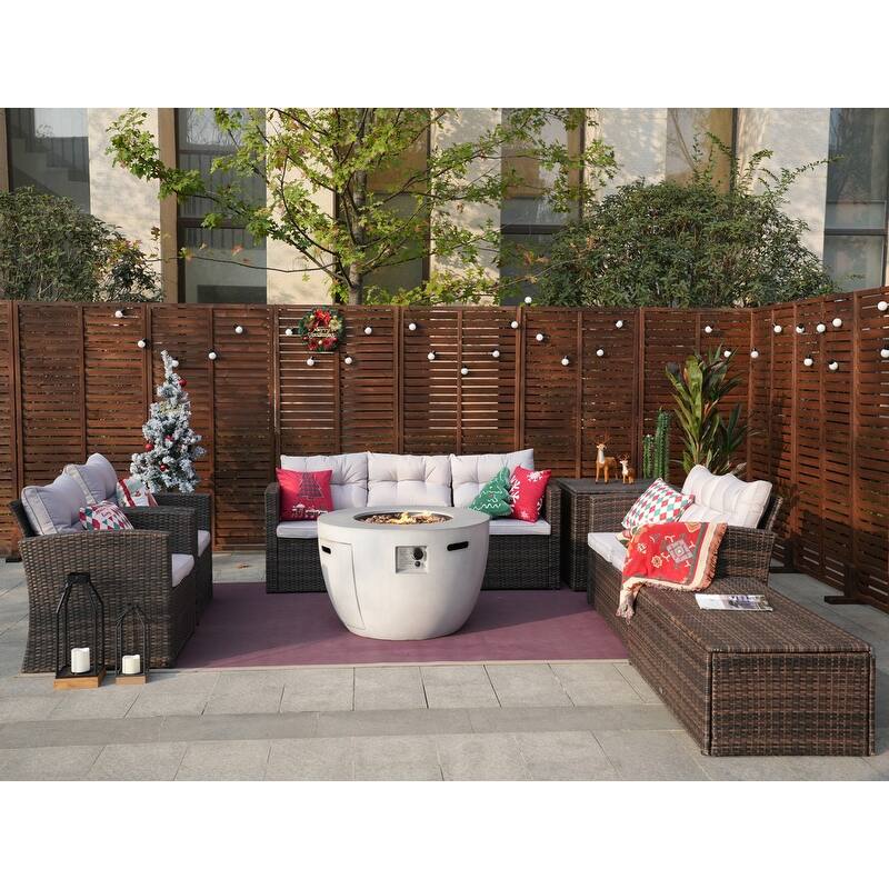 7-Piece Outdoor Rattan Conversation Sofa Set with Fire Pit Table - Bowl grey table (W36"xD36"xH23.8")