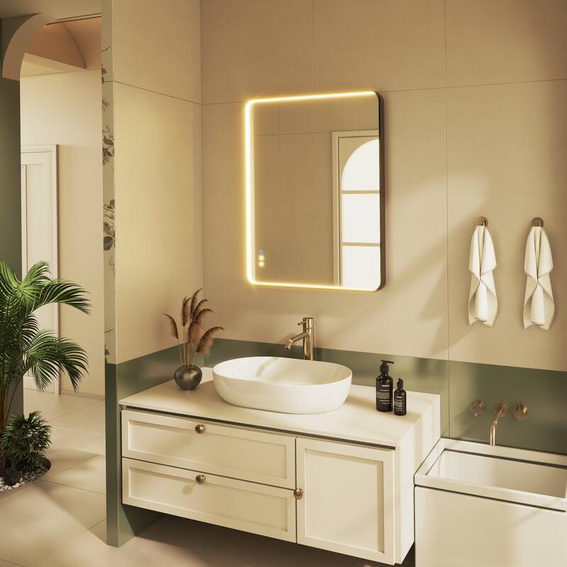 Organnice Rectangular LED Aluminum Black Framed Light Rounded Wall Mirror with Front Light