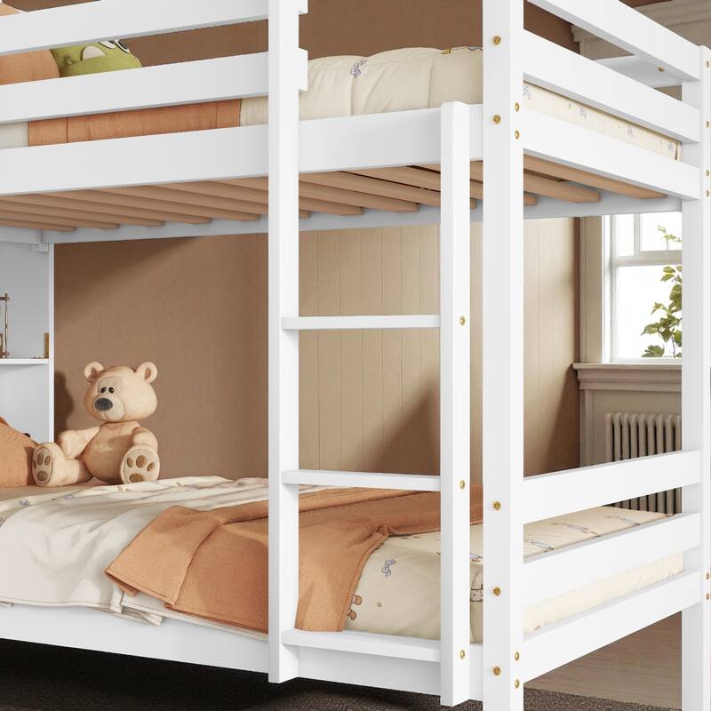 Twin Over Twin Bunk Bed with Shelves Headboard, Solid Rubber Wood Frame with Guardrails, Ladder, and Convertible Design