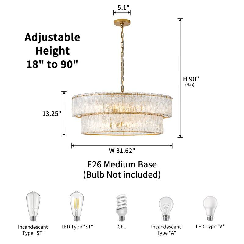 KAWOTI 2-Tiered Modern Glam Chandelier with Texcture Glass