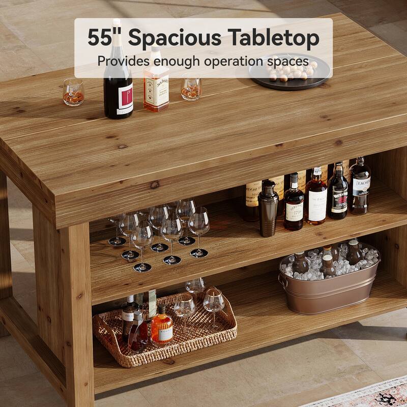 Solid Wood Bar Table, Open Storage Counter Height Pub Dining Table, Kitchen Dining/Living Room Basement Accent Bar Unit