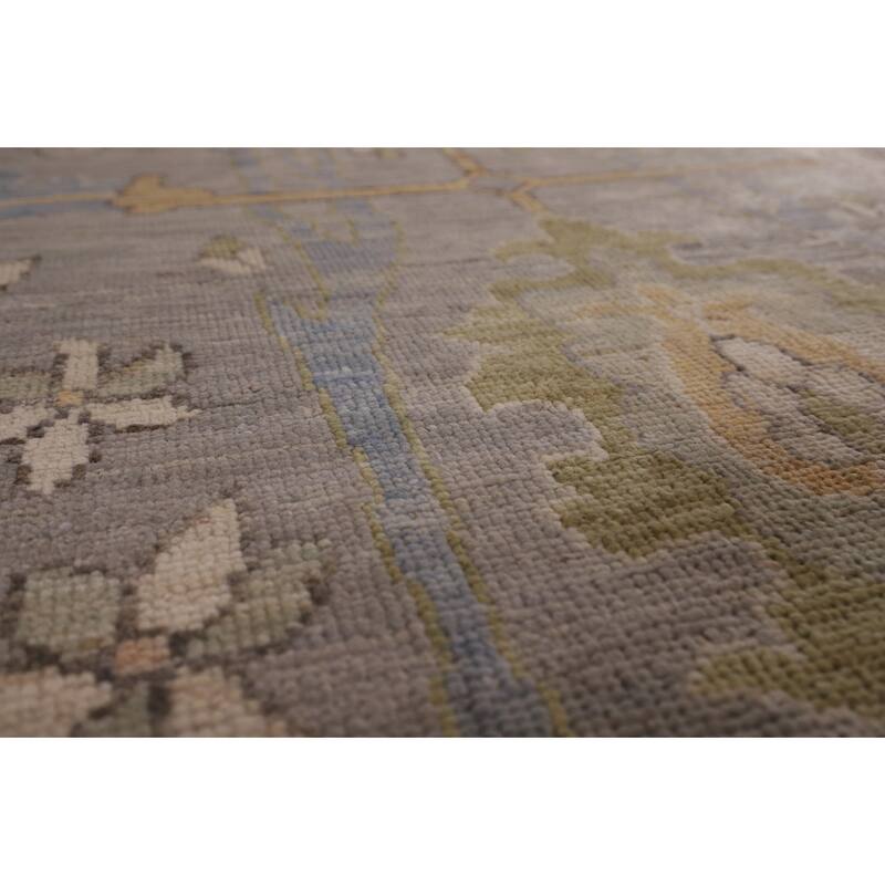 Vegetable Dye Oushak Turkish Area Rug Handmade Floral Grey Wool Carpet - 9'1" x 11'11"
