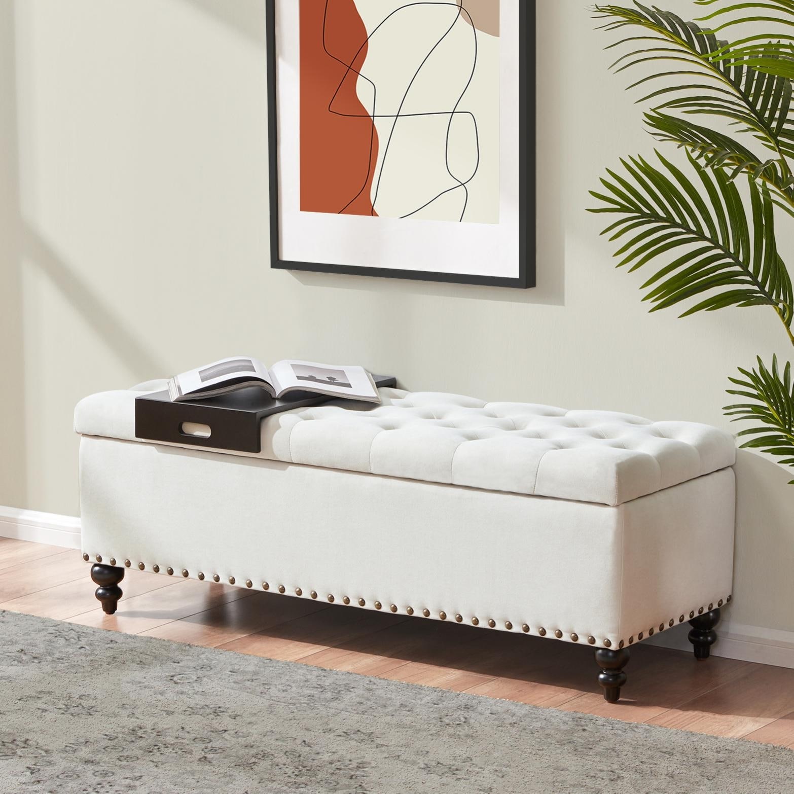 HUIMO 50 inch Button Tufted Storage Bench Ottoman with Removable Tray for Living Room Bedroom Beige Grey Bottom rivets design