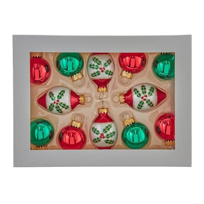 Kurt Adler 35MM Glass Green and Red Ball and Finial 12-Piece Ornament Set