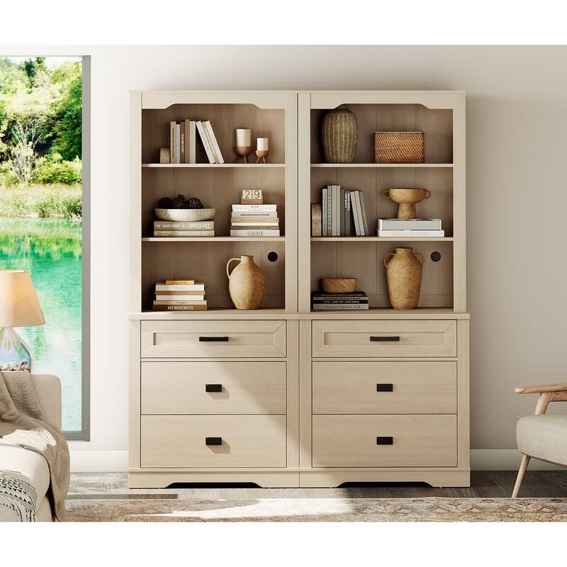 3 Tier Bookcase with Drawer,73.3" Tall Floor Standing Bookshelf - 63" - Light Oak