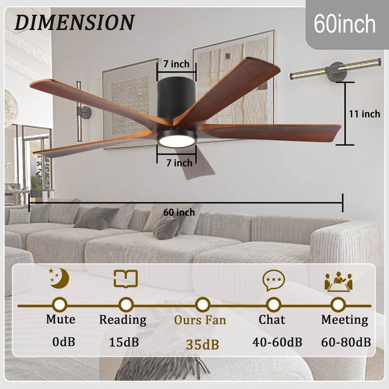 60" Ceiling Fan with Light, Flush Mount, 5 Wood Blades, Quiet Reversible DC Motor, Remote Control, Dimmable Full-Spectrum LED