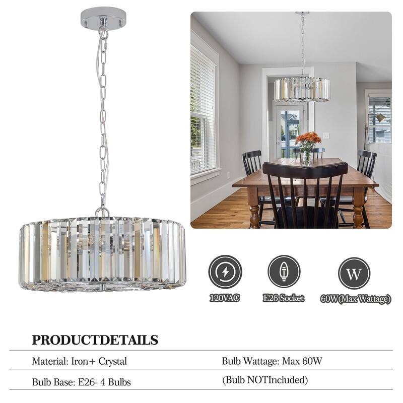 Modern 17" Chrome Crystal Pendant Chandelier, 4 - Light Adjustable E26 Hanging Light for Home (No Bulbs) - Transparent