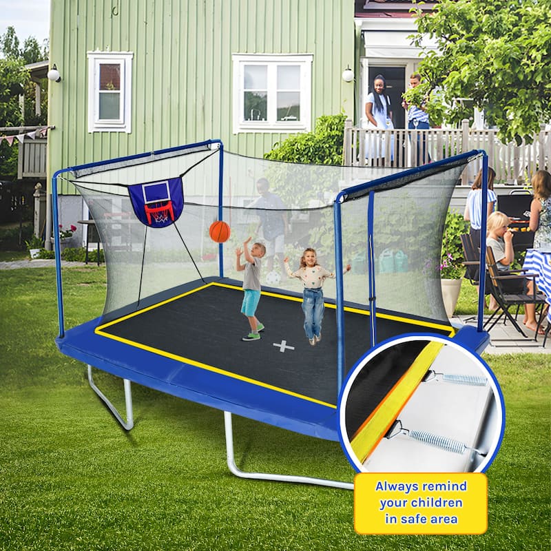 8ft x 12ft Rectangular Trampoline with Basketball Board, Ball Inflater & Ladder - Blue, ASTM & CPC Certified