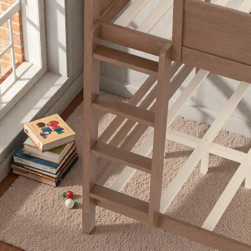 Wooden Bunk Bed Frame with Built-In Storage Shelves, Convertible to Two Beds, No Box Spring Needed