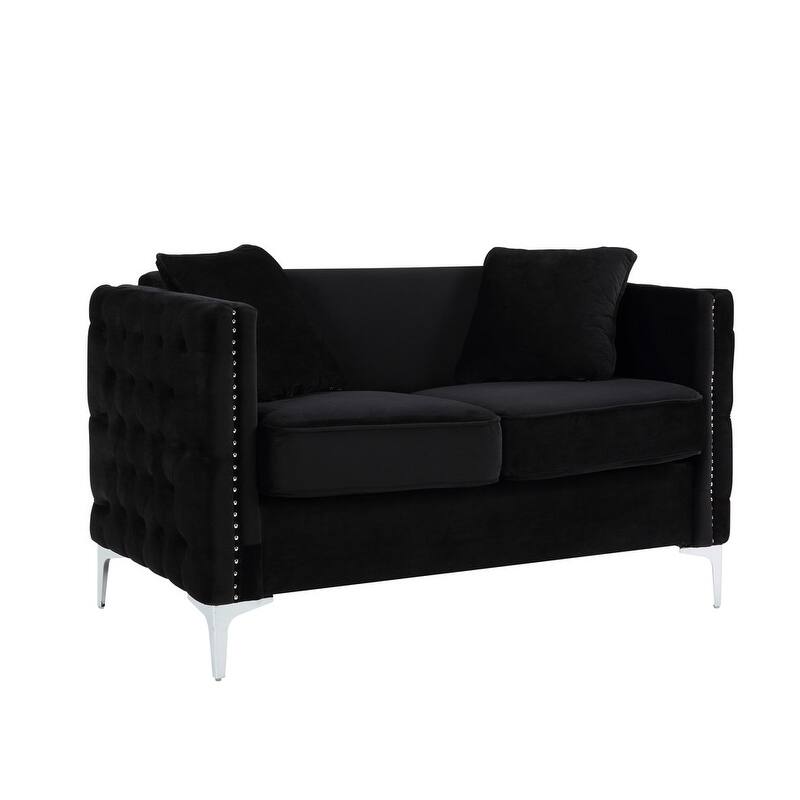 53" Black Velvet Loveseat With 2 Pillows