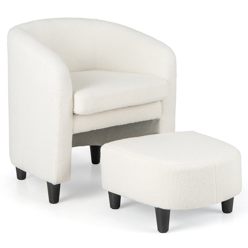 Gymax Modern Barrel Chair with Footrest Soft Teddy Velvet Anti-slip - Beige
