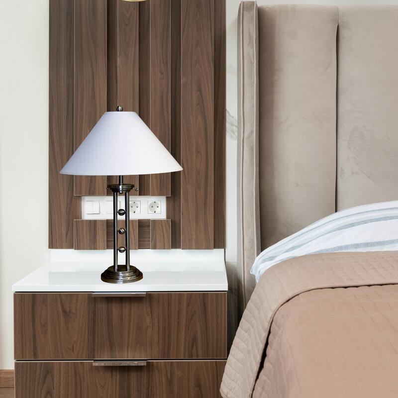 27" Tall Metal "Silver Tone" Table Lamp with Silver finish, White Linen Shade
