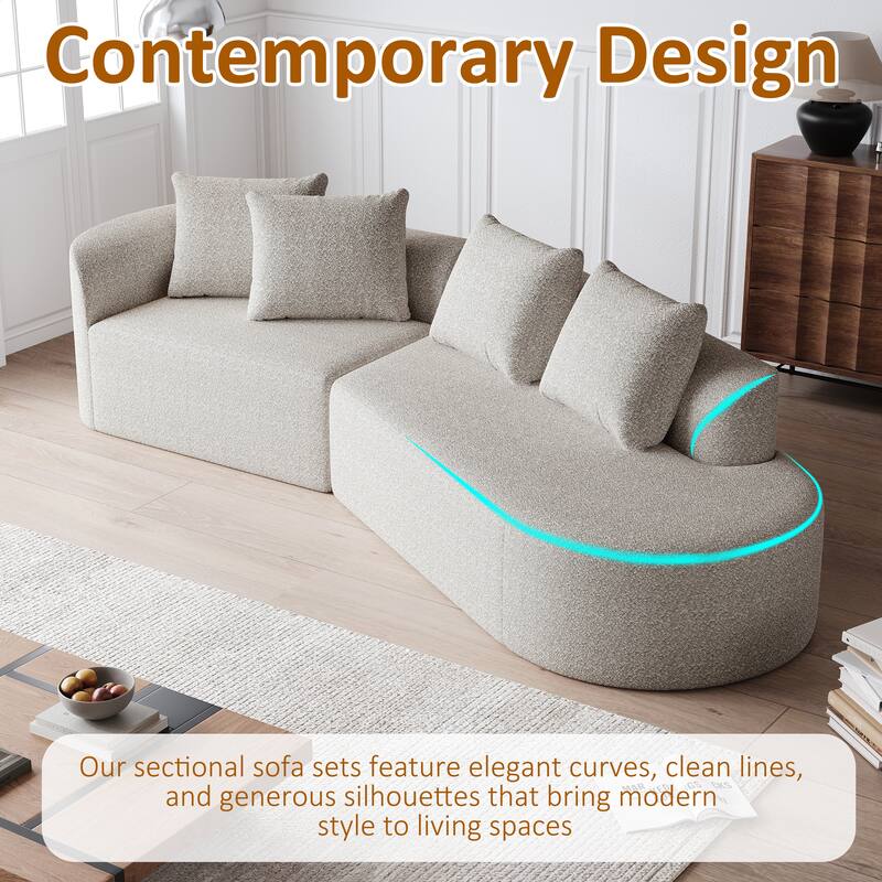 Modular Curved Sectional Sofa, Oversized Chenille Cloud Couch, Compressed Upholstered Sofa with 4 Throw Pillows