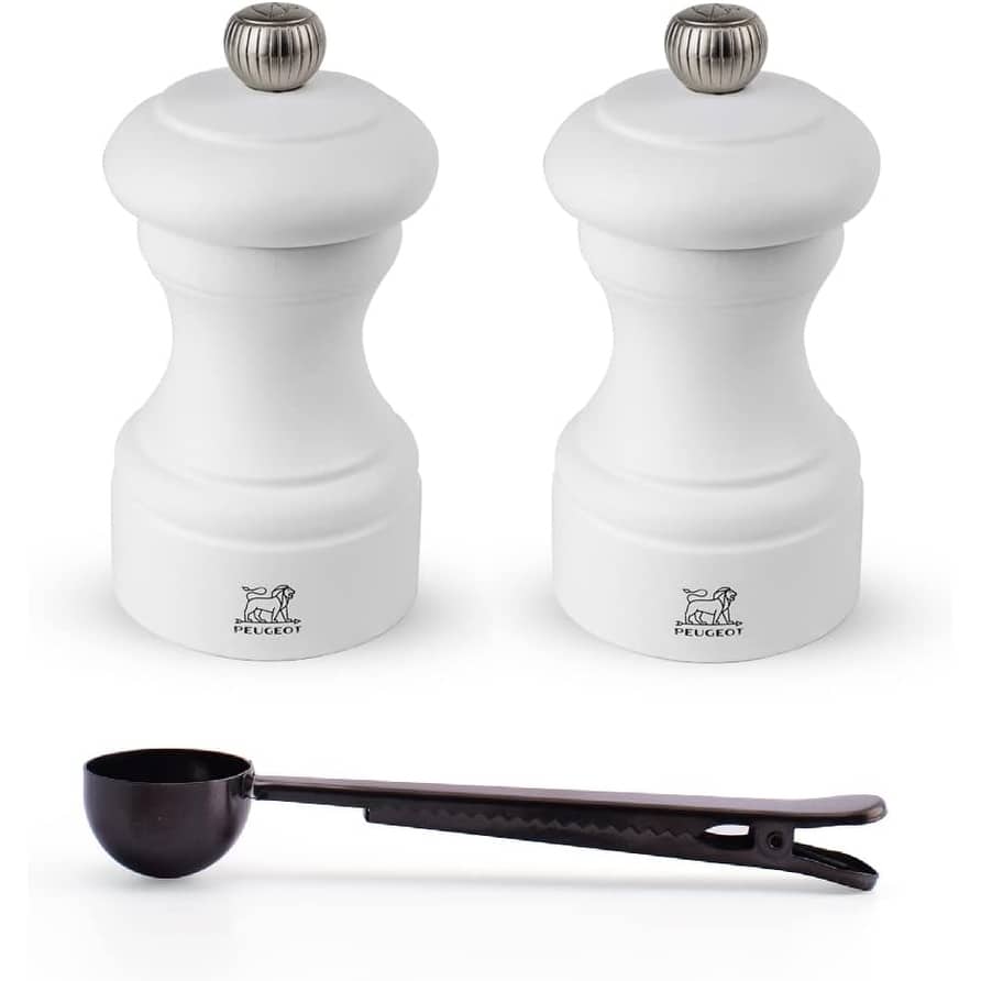 Peugeot Bistro 4 Inch Salt & Pepper Mil Gift Set, Matte White - With Stainless Steel Spice Scoop/Bag Clip