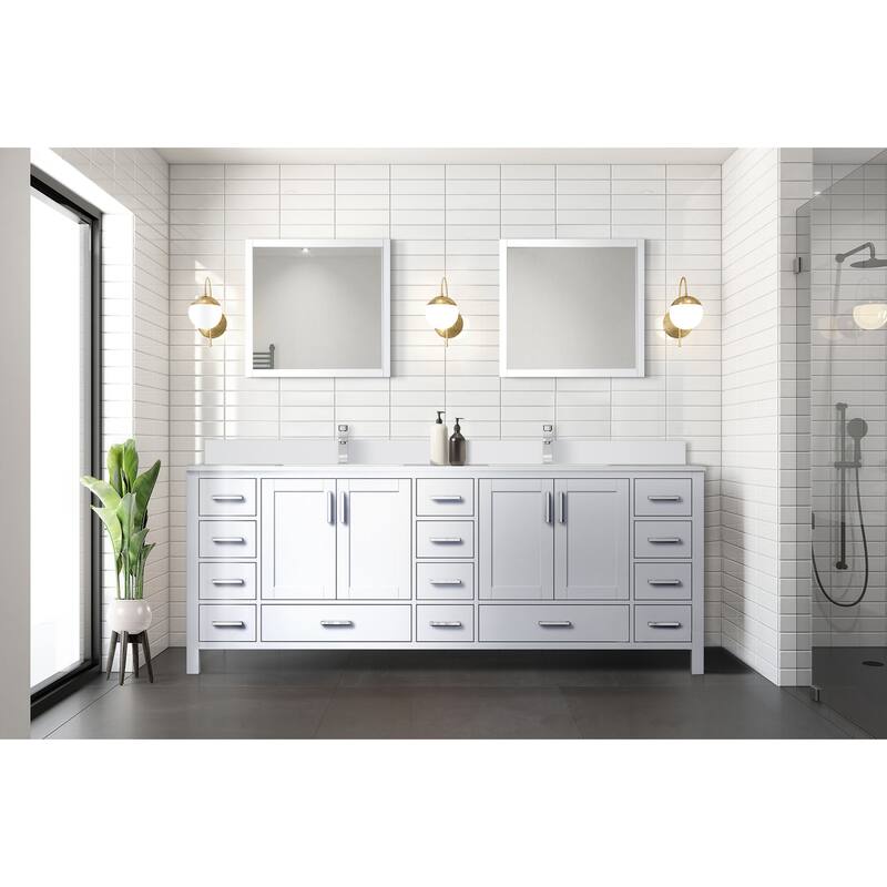 Jacques 84 in. W x 22 in. D White Double Bath Vanity, White Quartz Top, Faucet Set, and 34 in. Mirrors