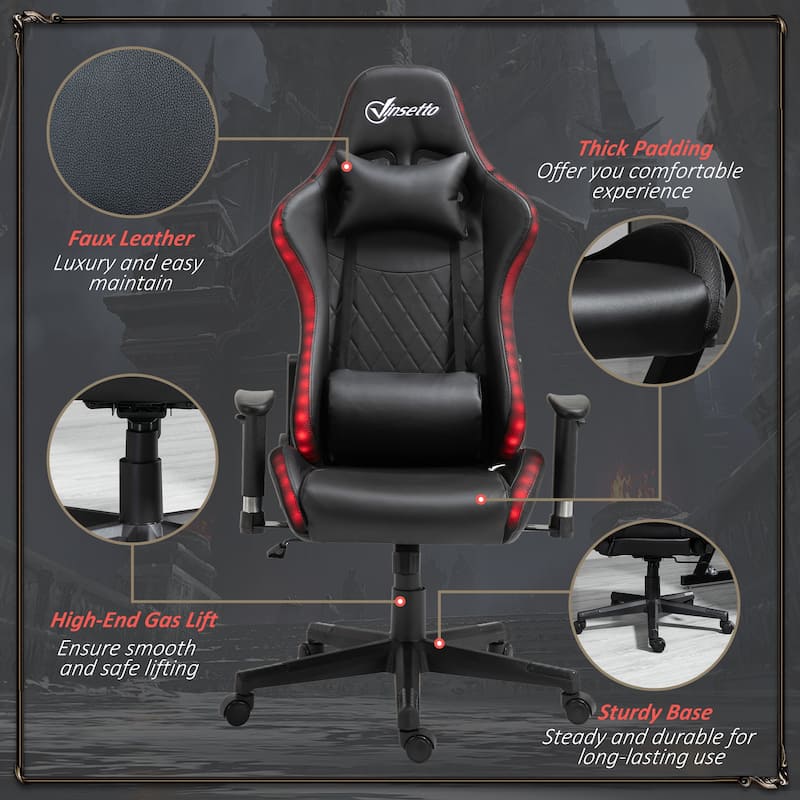 Vinsetto Gaming Chair with RGB LED Light, 2D Arm, Lumbar Support, Swivel Home Office Computer Recliner - 26.75" x 26.75" x 53.5"