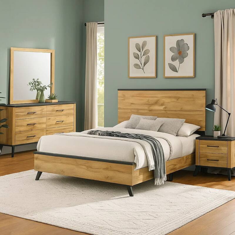 Wemy 4 Piece King Size Bed Set, Rustic Brown Pine Wood, Tapered Legs
