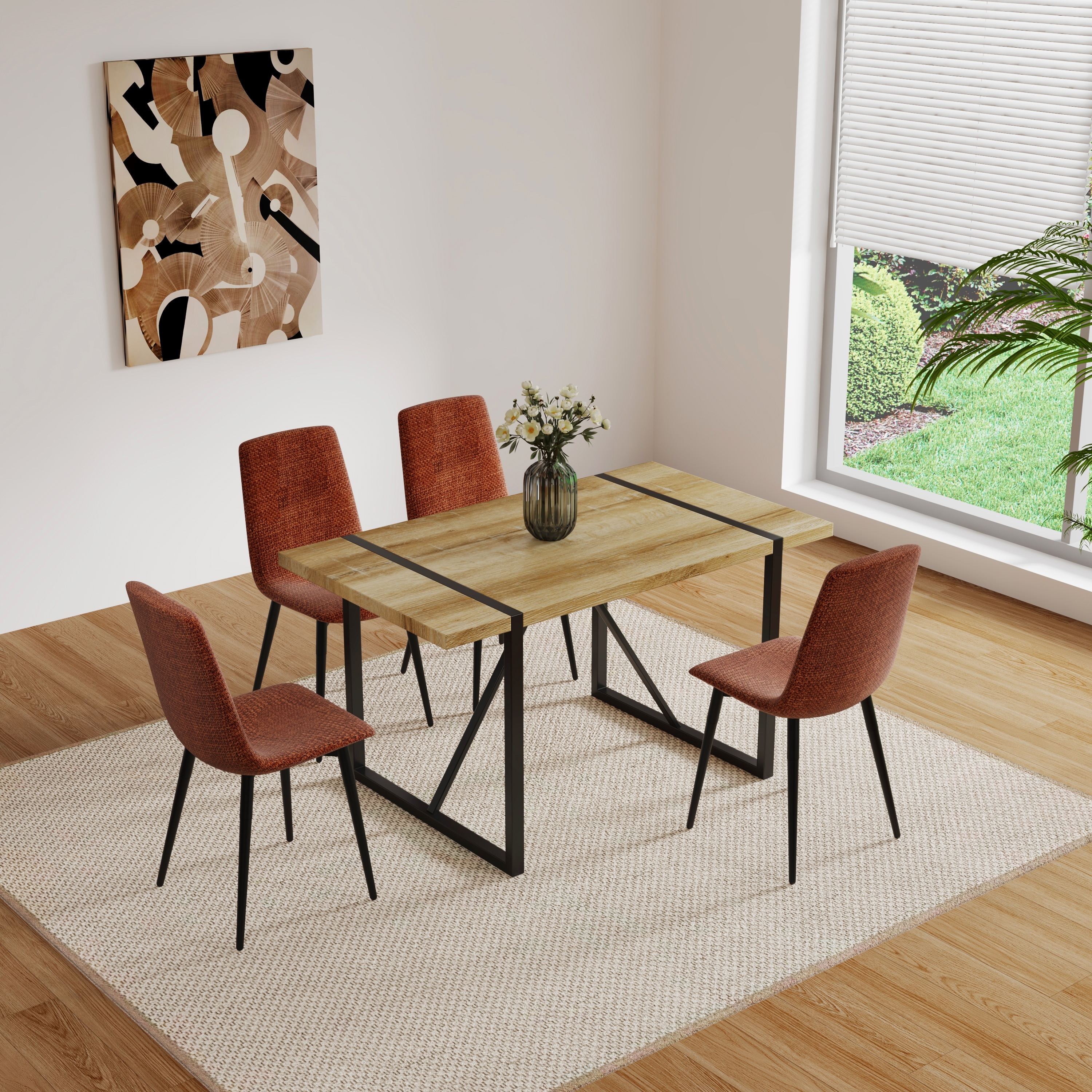 MDF Dining Table Set of 4 and Dining Chairs, Kitchen Table Set, Metal Base & Legs, Dining Room Table and Linen Chairs