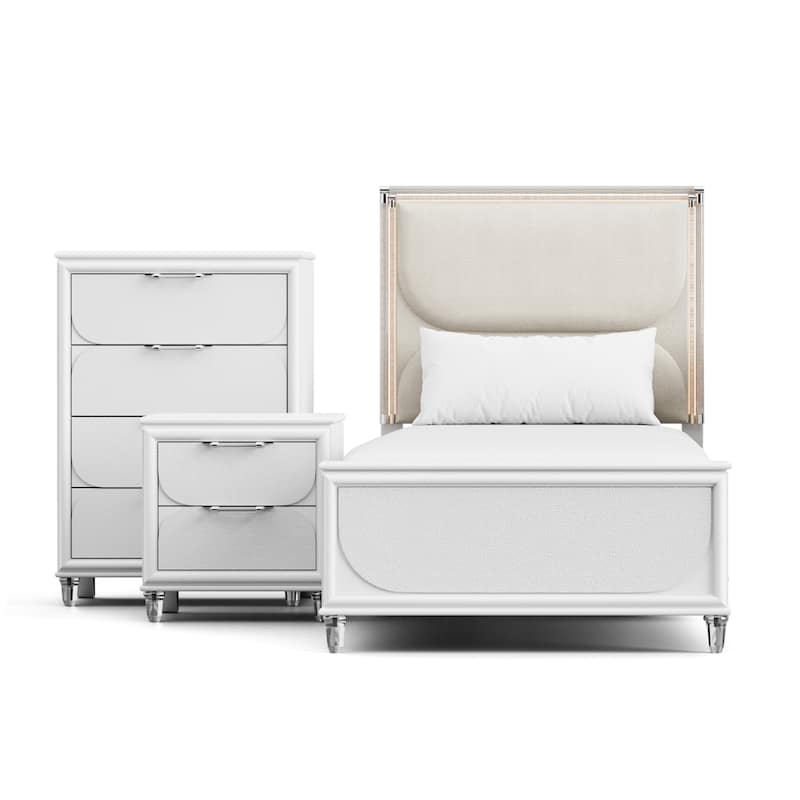 Furniture of America Drima Modern 3-Piece Pearl White Solid Wood Kids Platform Bedroom Set with LED
