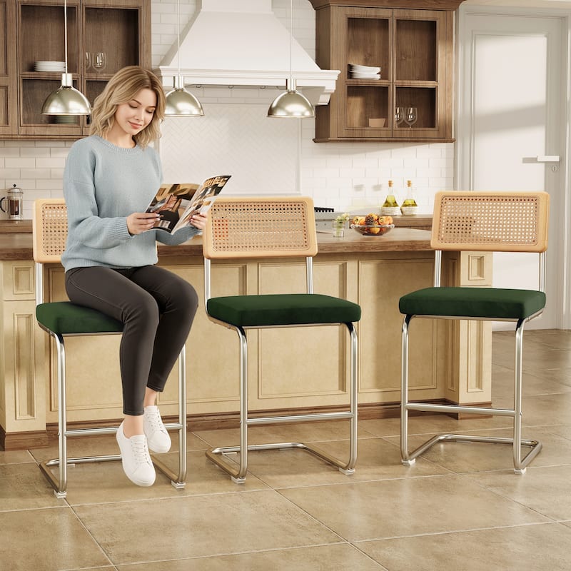 Set of 3 Counter Height Bar Stools with Woven Rattan Back and Footrest for Kitchen Island - 26" H