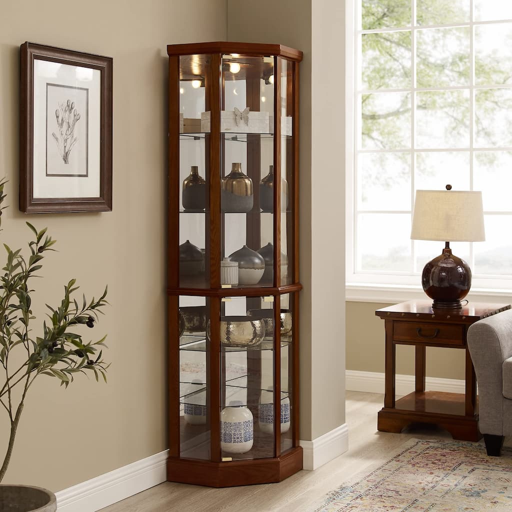 Classic Corner Curio Display Cabinet with 6 Shelves, Mirror Back & Adjustable Glass Shelves