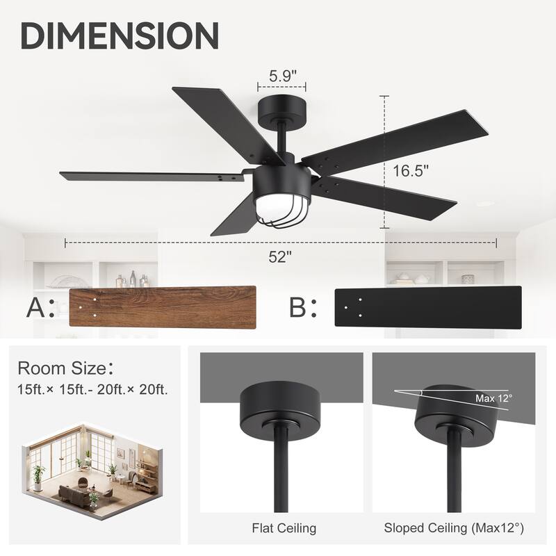 52" Reversible 5-Blade Modern LED Ceiling Fan with Light and Remote