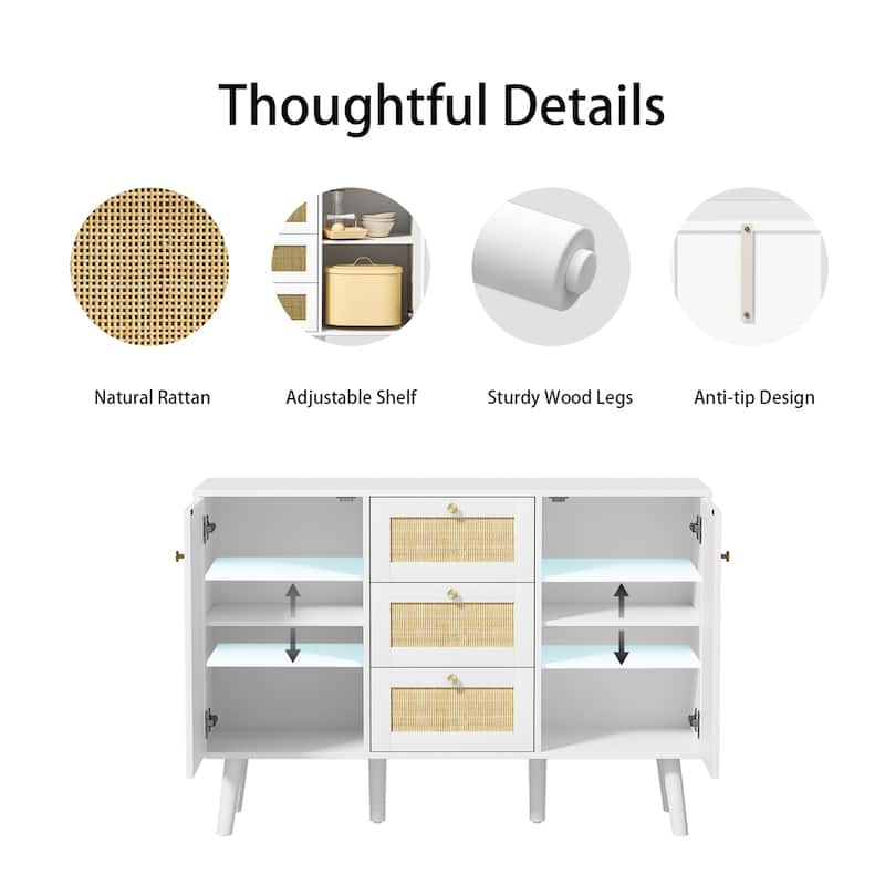 Anmytek Mid-Century Modern 47.2" W 2-Door White Buffet/Sideboard Rattan Storage Accent Cabinet with Drawers