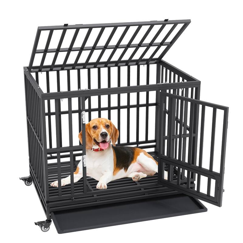 Black Indestructible Heavy Duty Carbon Steel Dog Crate with 3-Door and Lockable Swivel Wheels