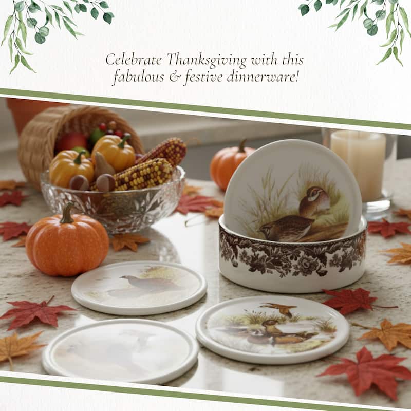 Spode Woodland Set of 4 Ceramic Coasters with Holder - Multicolor - 3.75 Inches
