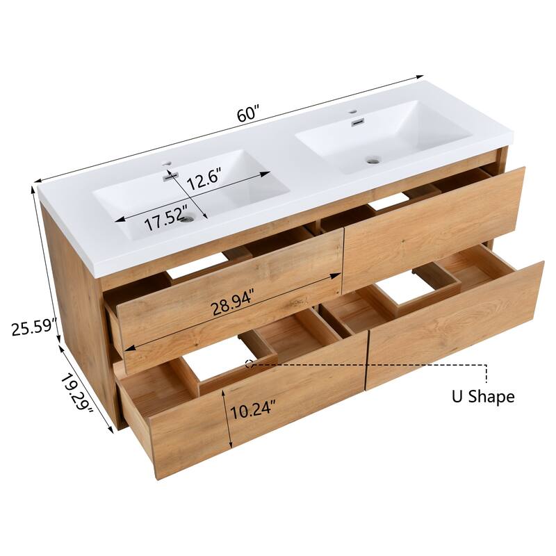 NebulaSky 60 in Wall Mounted Double Sink Bathroom Vanity with Top Combo Cabinet Vanity Set Invisible Handles