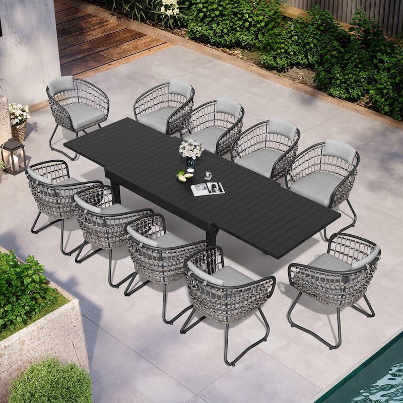 7/9PC Outdoor Aluminum Expandable Patio Dining Sets Extension Table with Rattan Chair - 11PC-GreyChairs
