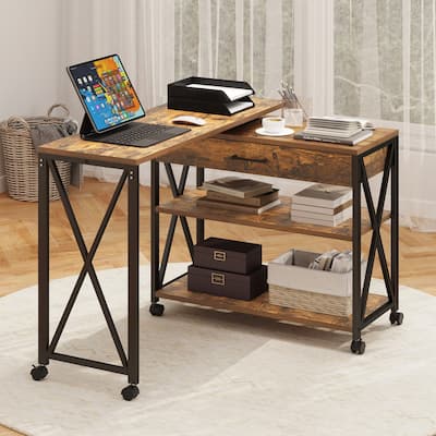 Moasis 2-Tier Rotating Wheeled Sofa Side Table with Drawer and Storage Shelves