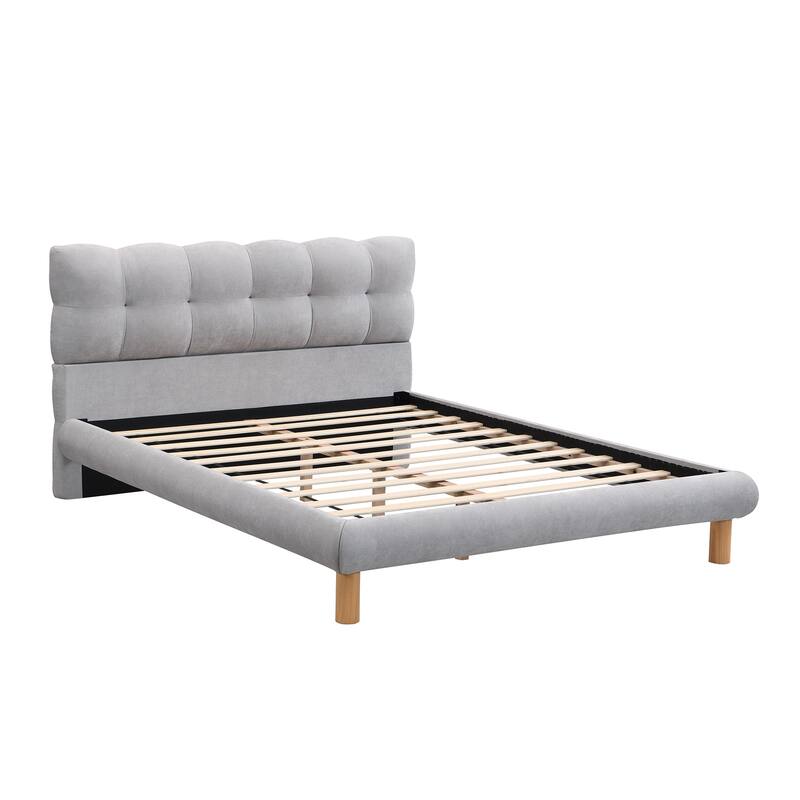 King Size Chenille Upholstered Platform Bed with Unique Curved Headboard, Grey Fabric, Sturdy Rubber Wood Frame, Easy Assembly