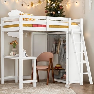 Multi-Functional Twin Size Loft Bed with Wardrobe and Desk, Sturdy Construction & Safety Guaranteed, Maximized Space, White