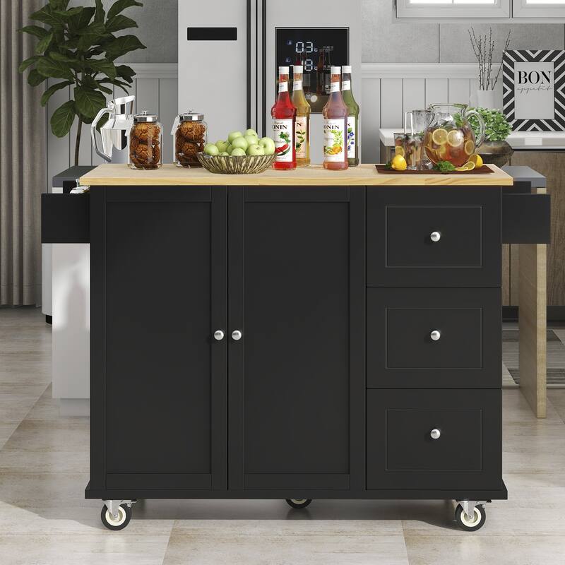 52.76'' Solid wood Kitchen Island with Locking Wheels, Drop Leaf, Adjustable Shelf and 3 Drawers - 52.76'' x 29.5'' x 36.81'' - Black