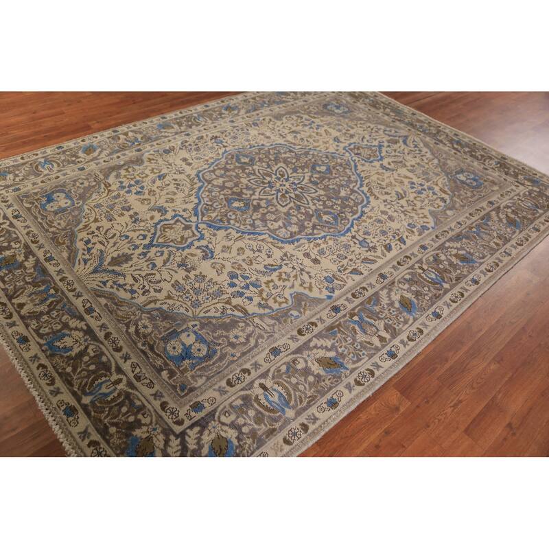 Floral Tabriz Persian Area Rug Beige Hand-Knotted Wool Carpet - 6'8"x 9'6"