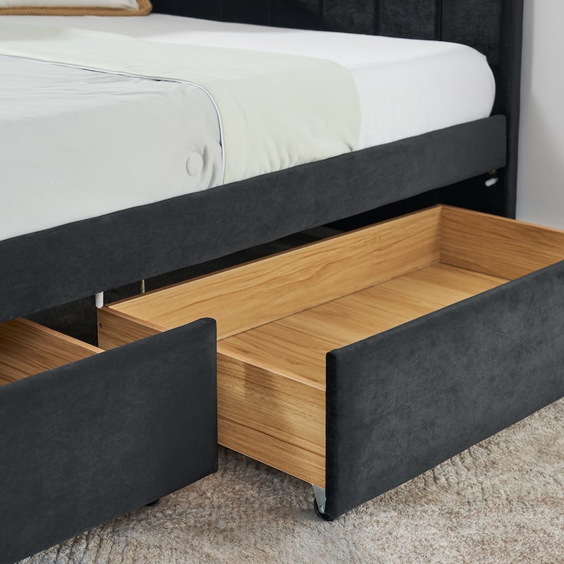 Full Size Upholstered Tufted Daybed, L Shaped Velvet Fabric Sofa Bed Frame with Two Drawers, Wooden Slats Support