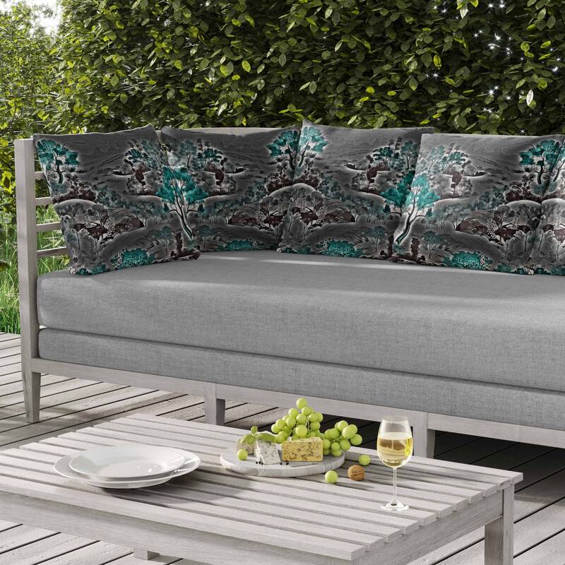Leaf Magic Stories Indoor/Outdoor Reversible Throw Pillow Grey and Turquoise