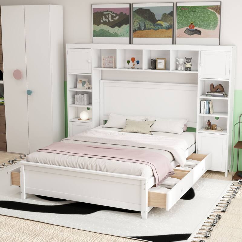 Modern Platform Bed with Integrated Cabinet, Trundle Bed and Drawers