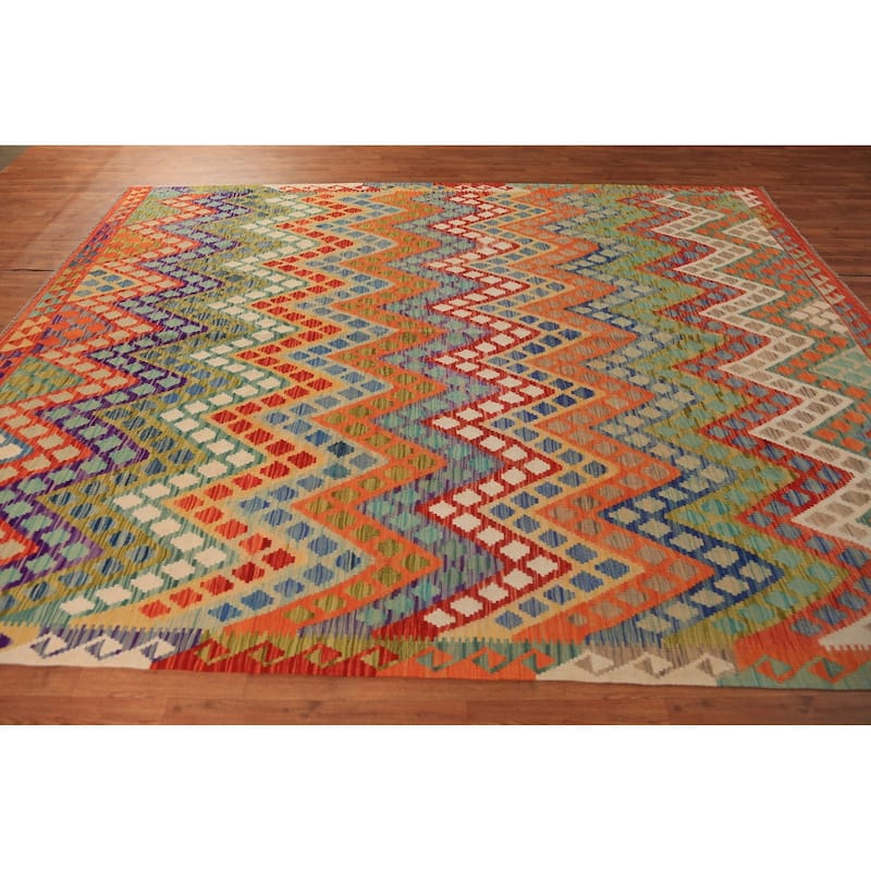 Colorful Kilim Area Rug Hand-Woven Bedroom Multi-Color Wool Carpet - 8'2"x 10'2"