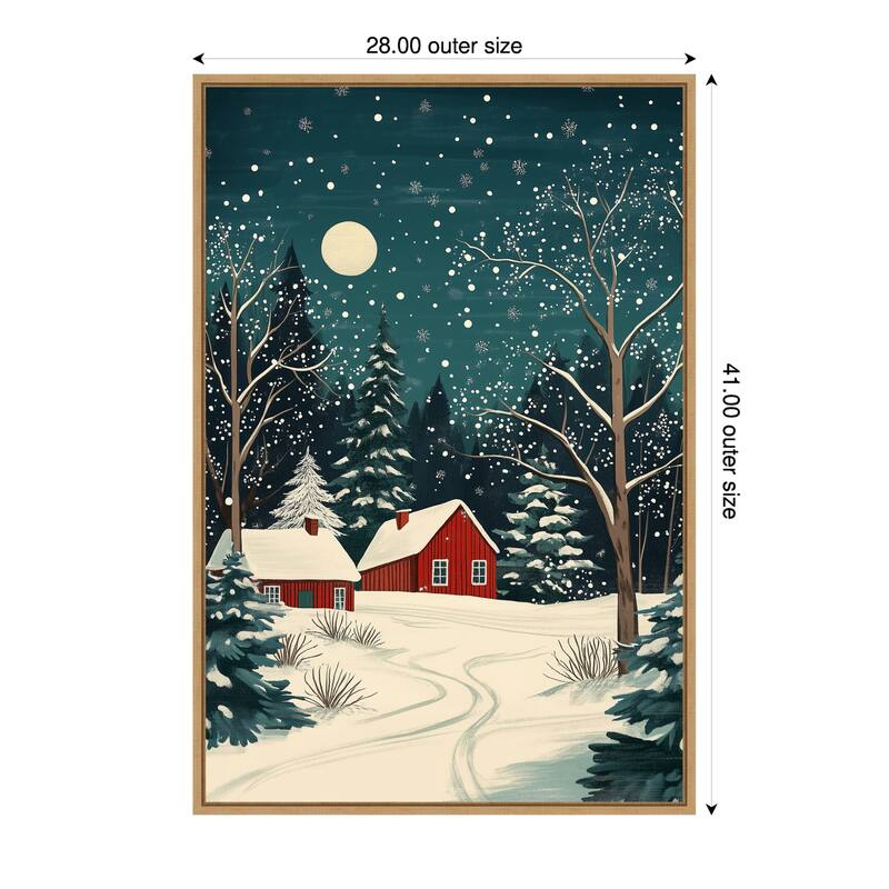Red Houses and Snowy night sky by Pictufy Studio Framed Canvas Wall Art Print - Sylvie Natural - 28 x 41 in