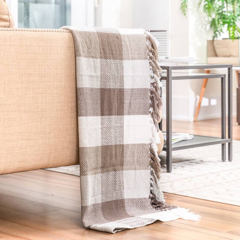 Fabstyles Herringbone Checkered Cotton Throw Blanket with Fringes