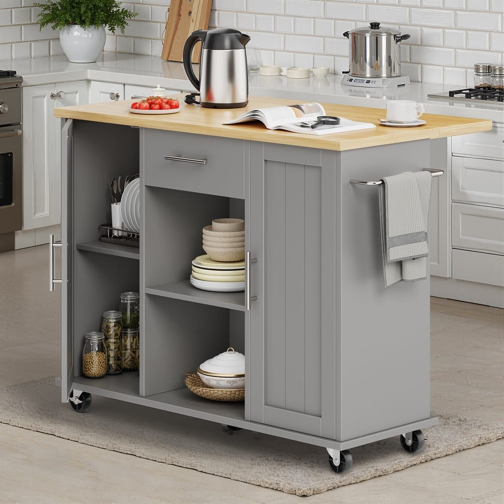 2-Door Kitchen Island with Drawer & Drop Leaf - Mobile Storage Cart