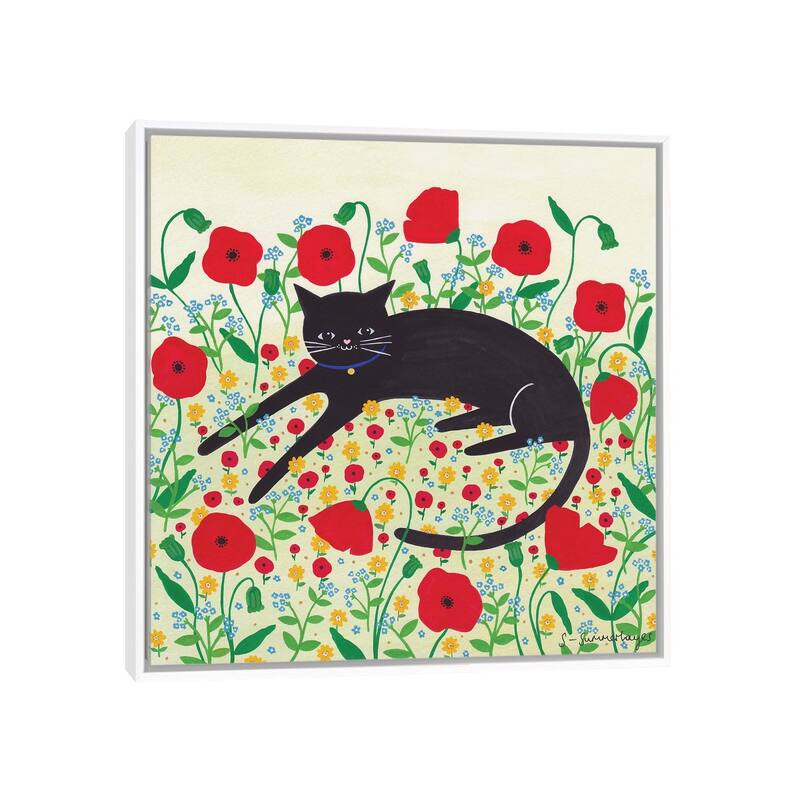 iCanvas "Cat With Poppies" by Sian Summerhayes Framed - White - 18x18