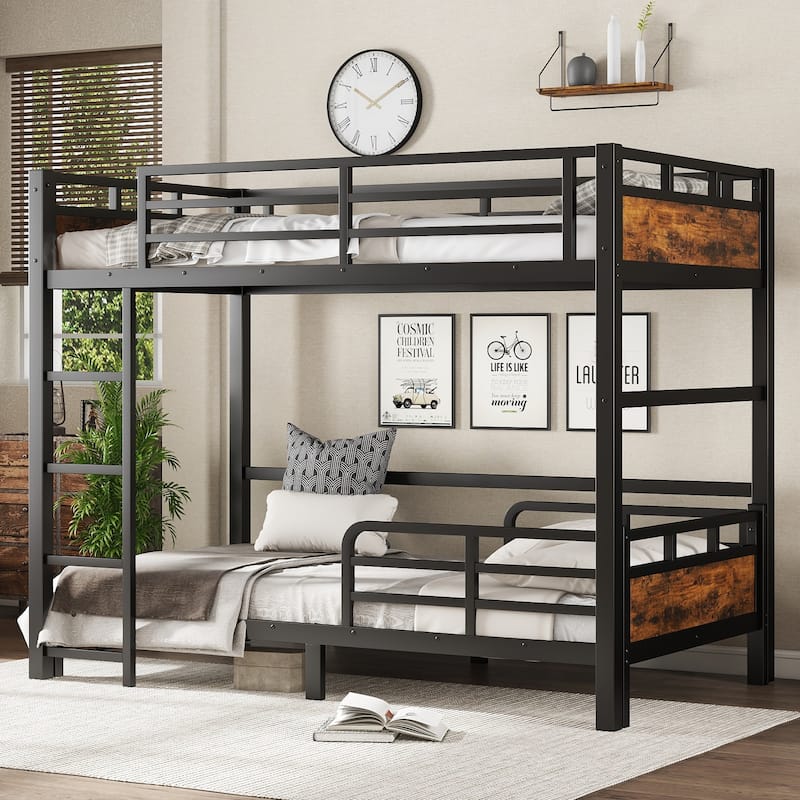Metal High Loft Bed and Platform Bed, Heavy Duty Metal Bunk Bed Frame, Noise Free, Can be Converted into 2 Beds - Black+Vintage - Twin XL