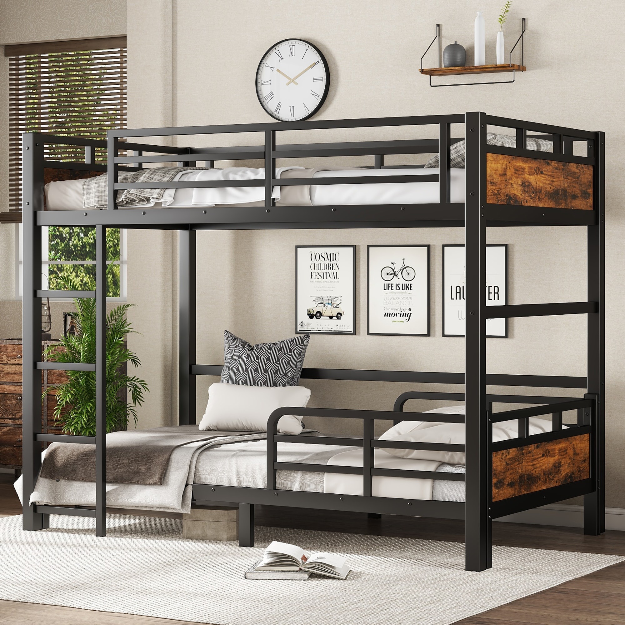 Roomfitters Twin XL over Twin XL Metal Bunk Bed, Split into Loft and Platform Bed, Vintage Wood